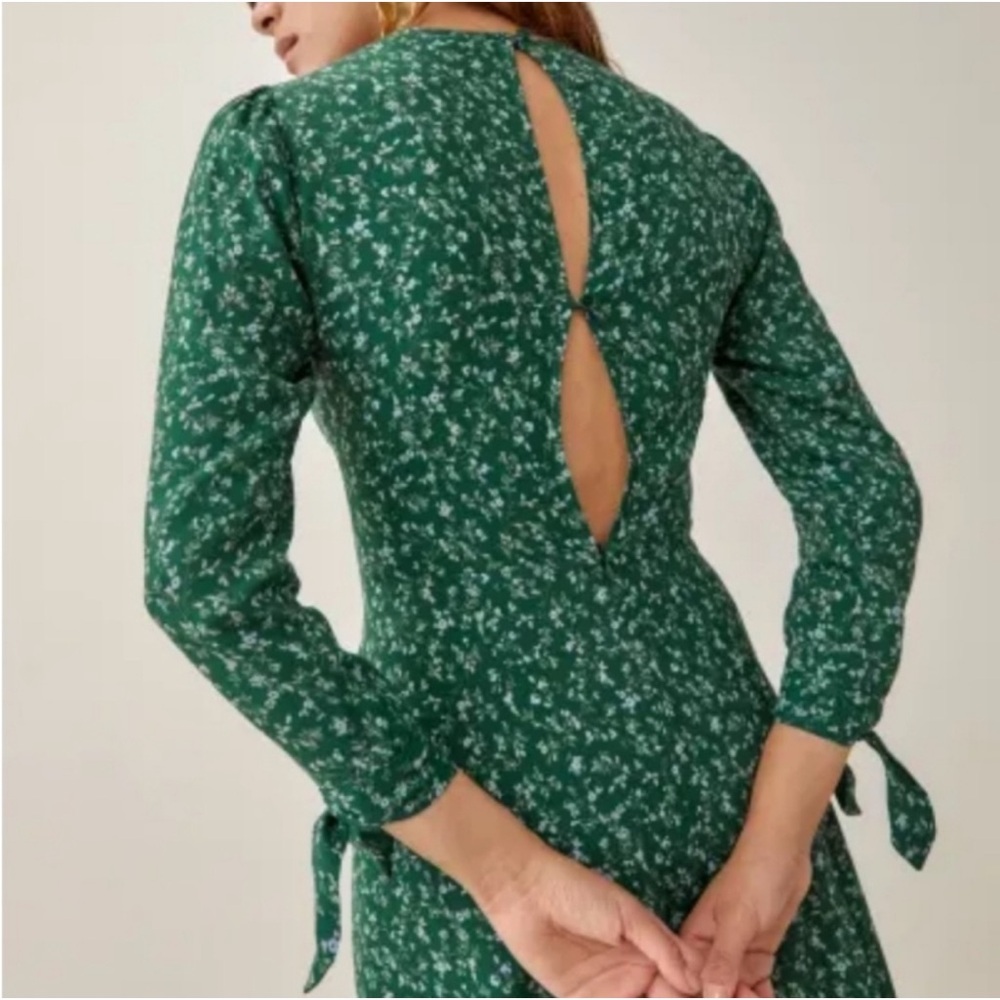 Reformation Green  Zelda Midi Dress Floral‎ Tie Sleeve Button Prairiecore Size 8 - Picture 10 of 15